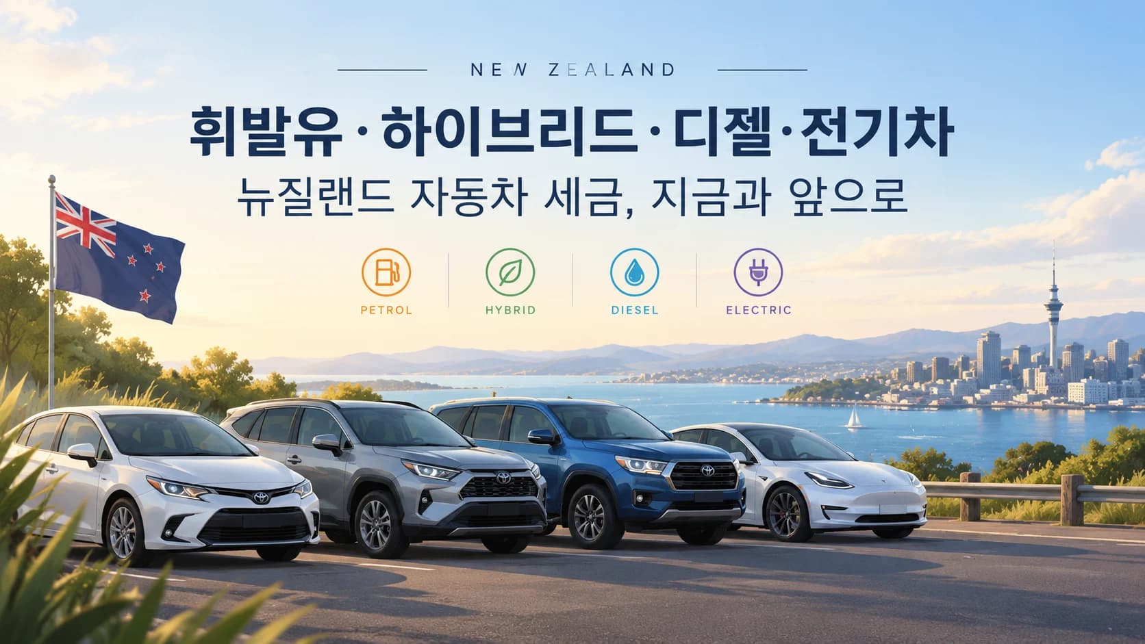 휘발유·하이브리드·디젤·전기차 — 뉴질랜드 자동차 세금, 지금과 앞으로